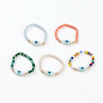 Glass Beads Stretch Rings, with Natural White Shell Beads, Synthetic Turquoise and Glass Seed Beads, Evil Eye, Mixed Color, US Size 11, Inner Diameter: 21mm