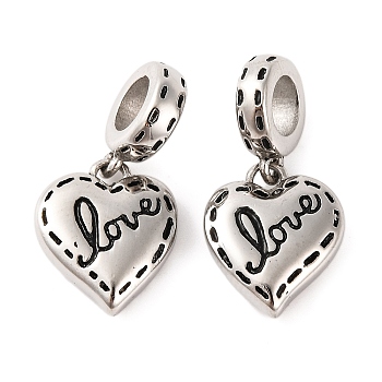 304 Stainless Steel Enamel European Dangle Charms, Love Heart Large Hole Pendants, Stainless Steel Color, 21mm, Hole: 4.5mm