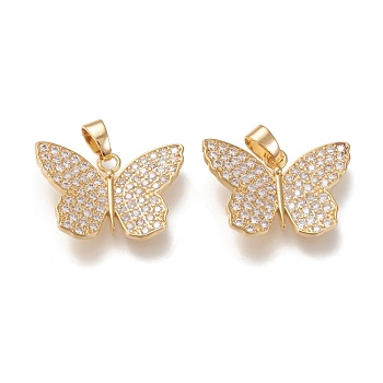 Brass Micro Pave Cubic Zirconia Pendants, Long-lasting Plated, Butterfly with Flower, Clear, Golden, 23.5x17x3mm, Hole: 5x3.2mm