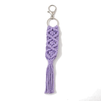 Handmade Macrame Nylon Thread Pendant Decorations, Alloy Clasps Charms for Bag or Keychain Ornaments, Rectangle, Medium Purple, 240mm