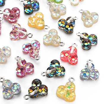 Epoxy Resin Pendants, with Sequins/Paillette and Platinum Plated Iron Loop, Clover, Mixed Color, 16~17x13x6.5mm, Hole: 2mm