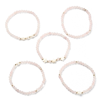 5Pcs 5 Style Natural Rose Quartz & Pearl & Shell Star Beaded Stretch Bracelets Set, Inner Diameter: 1-3/4~1-3/4 inch(4.3~4.5cm), 1Pcs/style