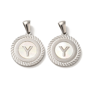 304 Stainless Steel Pendants, Flat Round Shell Charms with Letter, Stainless Steel Color, Letter Y, 20.5x17.5x1.5mm, Hole: 2.5x4.5mm