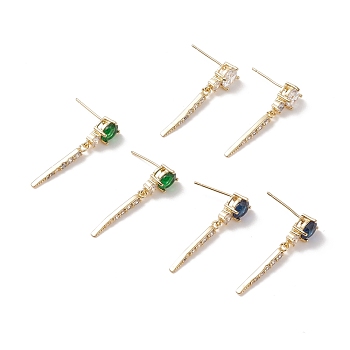 Cubic Zirconia Spike Horn Dangle Stud Earrings, Real 18K Gold Plated Brass Jewelry for Women, Cadmium Free & Lead Free, Mixed Color, 29x6mm, Pin: 0.6mm