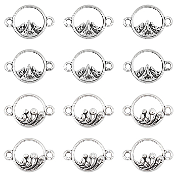 120Pcs 2 Styles Tibetan Style Alloy Connector Charms, Ring Links with Mountain & Wave, Antique Silver, 11x16~16.5x2.5~3mm, Hole: 1.6mm, 60pcs/style