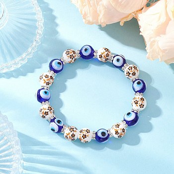 Handmade Flower Printed Porcelain Ceramic & Handmade Lampwork Evil Eye Beads Stretch Bracelets for Women, Round, Orange, Inner Diameter: 2-1/8 inch(5.45cm)