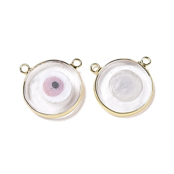 Handmade Lampwork Pendants, with Golden Plated Brass Findings, Cadmium Free & Lead Free, Flat Round with Evil Eye, Pink, 21x21x4.5mm, Hole: 1.5mm