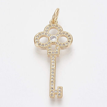 Brass Micro Pave Cubic Zirconia Pendants, with Jump Rings, Key, Clear, Golden, 32x14x2.5mm, Hole: 4mm