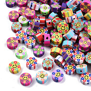 Handmade Polymer Clay Beads, Flat Round with Smiling Face & Flower, Mixed Color, 8.5~10x4.5mm, Hole: 1.5mm(X-CLAY-T019-14)