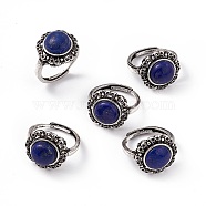 Flower Natural Lapis Lazuli Adjustable Rings, Antique Silver Tone Brass Finger Rings for Women, 2.5mm, Inner Diameter: US Size 7 1/4(17.5mm)(RJEW-E067-08AS-01)