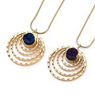 Natural Quartz Flat Round Pendant Necklace with 304 Stainless Steel Snake Chain, Druzy Gemstone Jewelry for Women, Golden, Dark Blue, 17.72 inch(45cm)(NJEW-K244-06G)