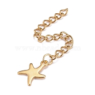 304 Stainless Steel Chain Extender, Curb Chain, with 202 Stainless Steel Charms, Starfish, Golden, 60~71mm, Link: 3.7x3x0.5mm, Starfish: 11x8.5x0.6mm(X-STAS-F268-47G)