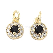 Brass Micro Pave Cubic Zirconia Charms, with Jump Ring, Flat Round, Real 18K Gold Plated, Black, 8x6x3mm, Hole: 2.5mm(KK-C051-12G-01)