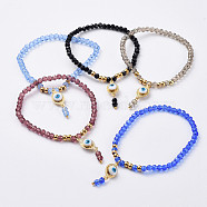 Glass Beads Stretch Bracelets, with Brass Enamel Links and 304 Stainless Steel Beads, Evil Eye, Mixed Color, 2 inch(5.2cm)(BJEW-JB04760)