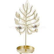 Iron Earring Display Stands with Round Tray, Earring Organizer Holder Ornament, Golden, Leaf Pattern, 9.6x6.6x20cm(EDIS-WH0016-018B)