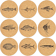 Cork Cup Mats Set, Printed Coasters, Flat Round, Peru, Fish Pattern, 100x5mm, 9pcs/set(DJEW-WH0040-005)