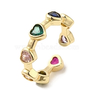 Brass Micro Pave Cubic Zirconia Rings for Women, Long-Lasting Plated, Heart, Colorful, Adjustable(RJEW-E295-42G-01)