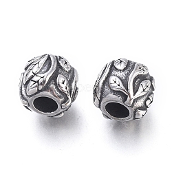 304 Stainless Steel European Beads, Large Hole Beads, Rondelle with Leaf, Antique Silver, 11x10mm, Hole: 4.5mm(STAS-F243-36AS)