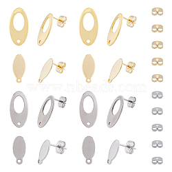 40Pcs 4 Style 304 Stainless Steel Oval Stud Earring Findings, with Horizontal Loops & 40Pcs Ear Nuts, Golden & Stainless Steel Color, 12~18.5x6~9.5x0.8~1mm, Hole: 1~1.5mm, Pin: 0.8mm, 10Pcs/style(STAS-DC0014-81)