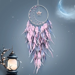 Woven Web/Net with Feather Decorations, with Iron Ring and Natural Gemstone, Star Charm for Home Bedroom Hanging Decorations, Pearl Pink, 720mm(PW-WG30011-02)