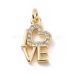 Brass Micro Pave Cubic Zirconia Pendants, with Jump Ring, Word Love Charm, Golden, 15.5x9x2.5mm, Hole: 2.8mm(KK-C012-05G)