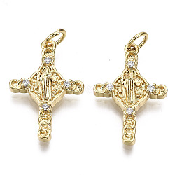 Brass Micro Pave Cubic Zirconia Pendants, with Jump Ring, Cross with Jesus, Nickel Free, Real 16K Gold Plated, 23.5x15.5x3mm, Hole: 3.5mm(ZIRC-T013-14G-NF)