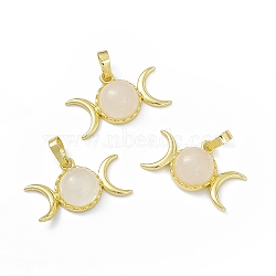 Natural Rose Quartz Pendants, Triple Moon Charms, with Golden Tone Rack Plating Brass Findings, Cadmium Free & Lead Free, 15x26x7mm, Hole: 6.5x4mm(G-H283-02D)