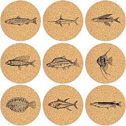 Cork Cup Mats Set, Printed Coasters, Flat Round, Peru, Fish Pattern, 100x5mm, 9pcs/set(DJEW-WH0040-005)