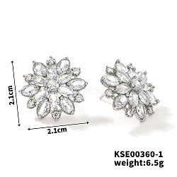 Fashionable Cute Shiny Brass Rhinestone Stud Earrings French Romantic Sunflower Earrings, Platinum, 21x21mm(LT6449-1)