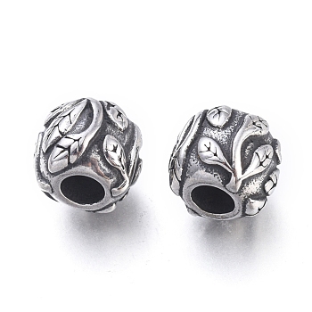 304 Stainless Steel European Beads, Large Hole Beads, Rondelle with Leaf, Antique Silver, 11x10mm, Hole: 4.5mm
