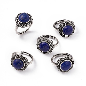 Flower Natural Lapis Lazuli Adjustable Rings, Antique Silver Tone Brass Finger Rings for Women, 2.5mm, Inner Diameter: US Size 7 1/4(17.5mm)