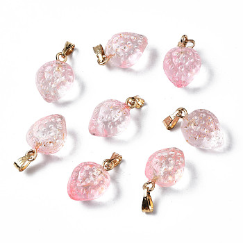 Two Tone Transparent Spray Painted Glass Pendants, with Golden Plated Iron Bails and Gold Foil, Strawberry, Pink, 17~18x11~12x10mm, Hole: 6x2mm