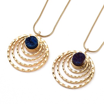 Natural Quartz Flat Round Pendant Necklace with 304 Stainless Steel Snake Chain, Druzy Gemstone Jewelry for Women, Golden, Dark Blue, 17.72 inch(45cm)