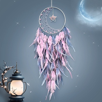 Woven Web/Net with Feather Decorations, with Iron Ring and Natural Gemstone, Star Charm for Home Bedroom Hanging Decorations, Pearl Pink, 720mm