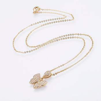 Brass Micro Pave Cubic Zirconia Pendant Necklaces, with Brass Cable Chains, Real 18K Gold Plated, Butterfly, 17.7 inch(45cm)