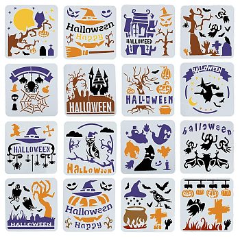 Halloween 16 Pcs 16 Styles PET Plastic Hollow Out Drawing Painting Stencils Templates, Square with Halloween Themed Pattern, Halloween Themed Pattern, 130x130x0.1mm, 1pc/style