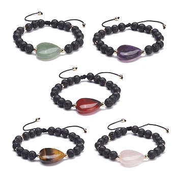 Heart Natural Stone Braided Bead Bracelet, Natural Lava Rock Round Beads Oil Diffuser Stone Bracelet for Women, Inner Diameter: 2-3/8~3.74 inch(6~9.5cm)
