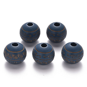 Painted Natural Wood Beads, Laser Engraved Pattern, Round with Leave Pattern, Steel Blue, 16x15mm, Hole: 4mm