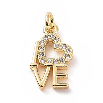 Brass Micro Pave Cubic Zirconia Pendants, with Jump Ring, Word Love Charm, Golden, 15.5x9x2.5mm, Hole: 2.8mm
