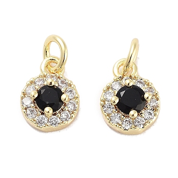 Brass Micro Pave Cubic Zirconia Charms, with Jump Ring, Flat Round, Real 18K Gold Plated, Black, 8x6x3mm, Hole: 2.5mm