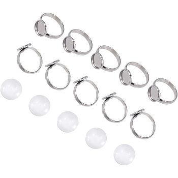 DIY Ring Making Kits, with Adjustable 304 Stainless Steel Finger Rings Components, Transparent Glass Cabochons and Box Container, Flat Round, Stainless Steel Color, 8.2x8.2x2.7cm, 60pcs/box