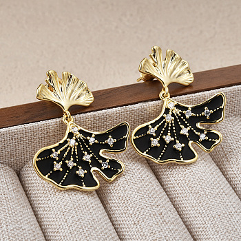 Ginkgo Leaf Brass Pave Clear Cubic Zirconia Stud Dangle Stud Earrings for Women, Real 14K Gold Plated, with Enamel, Black, 29x24mm