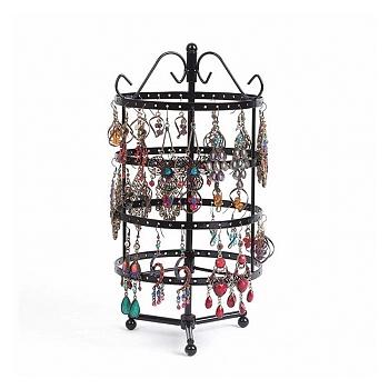 4-Tier Rotatable Iron Earring Display Stands, Jewelry Tower Organizer Holder for Earrings Storage, Round, Black, 14x14x30.5cm