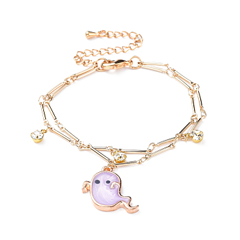 Brass Multi-strand Charm Bracelets, with Alloy Enamel Pendants and Brass Rhinestone Findings, Halloween Ghost, Real 18K Gold Plated, Lilac, 6-1/2 inch(16.5cm)