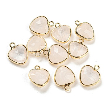 Natural Quartz Crystal Faceted Heart Charms, with Golden Tone Brass Edge, 13.5x11x5mm, Hole: 1.6mm