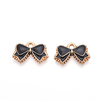 Alloy Enamel Pendants, Bowknot, Light Gold, Black, 10x16x2mm, Hole: 1.4mm