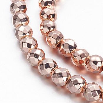Non-magnetic Synthetic Hematite Beads Strands, Grade A, Faceted, Round, Rose Gold Plated, 6mm, Hole: 1.1mm, about 72pcs/strand, 15.7 inch