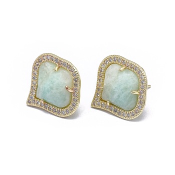 Natural Amazonite Stud Earrings, with Brass Findings and Cubic Zirconia, Faceted, Clear, Golden, 18x18mm, Pin: 0.6mm