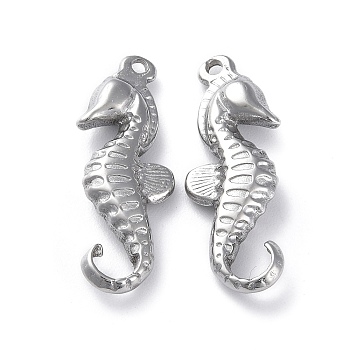 304 Stainless Steel Pendants, Sea Horse Charm, Stainless Steel Color, 28.5x11x4mm, Hole: 1mm