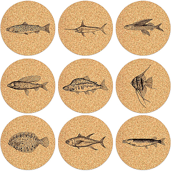 Cork Cup Mats Set, Printed Coasters, Flat Round, Peru, Fish Pattern, 100x5mm, 9pcs/set